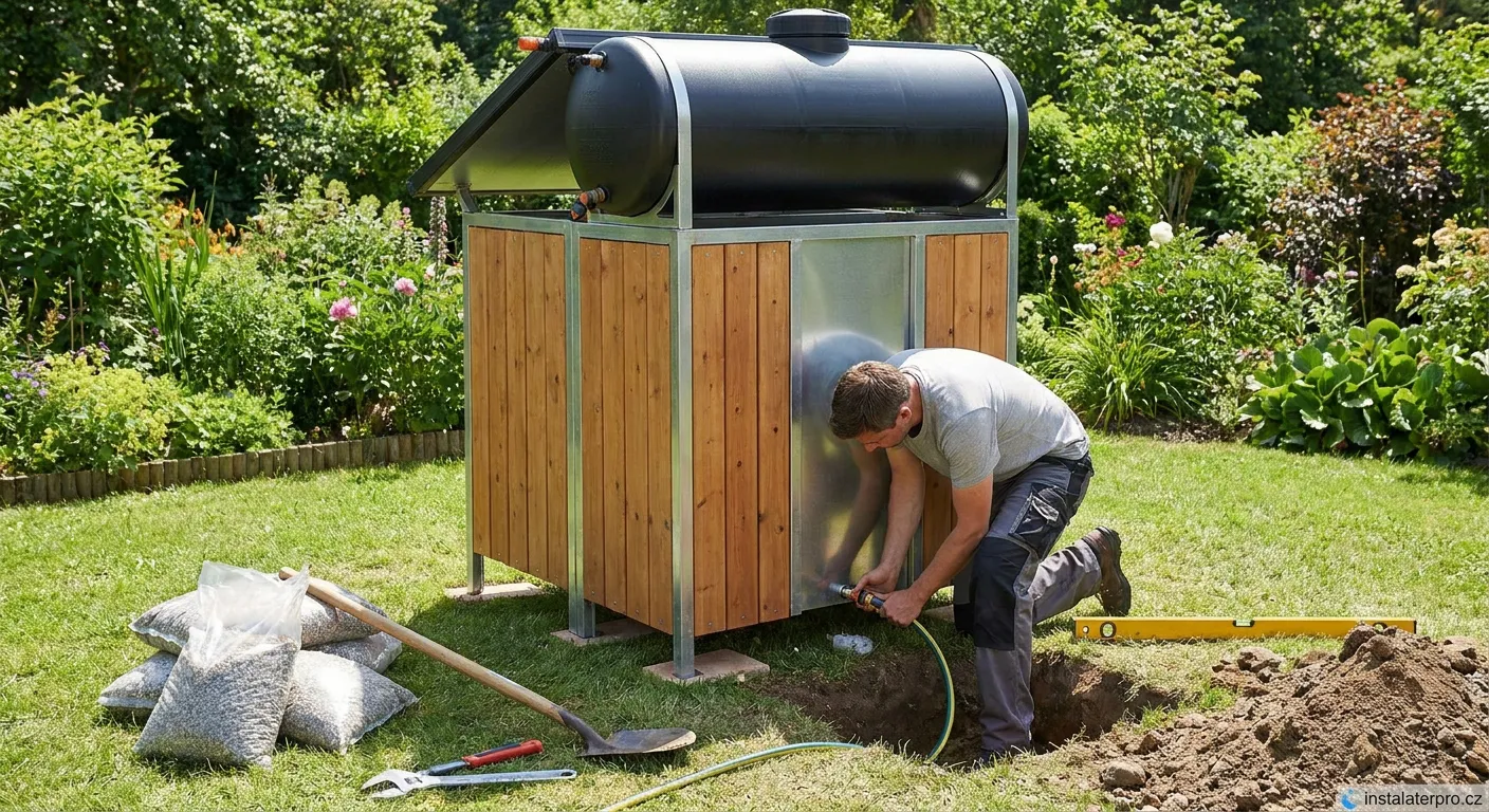 Instalace venkovní sprchy na solární ohřev v zahradním prostředí