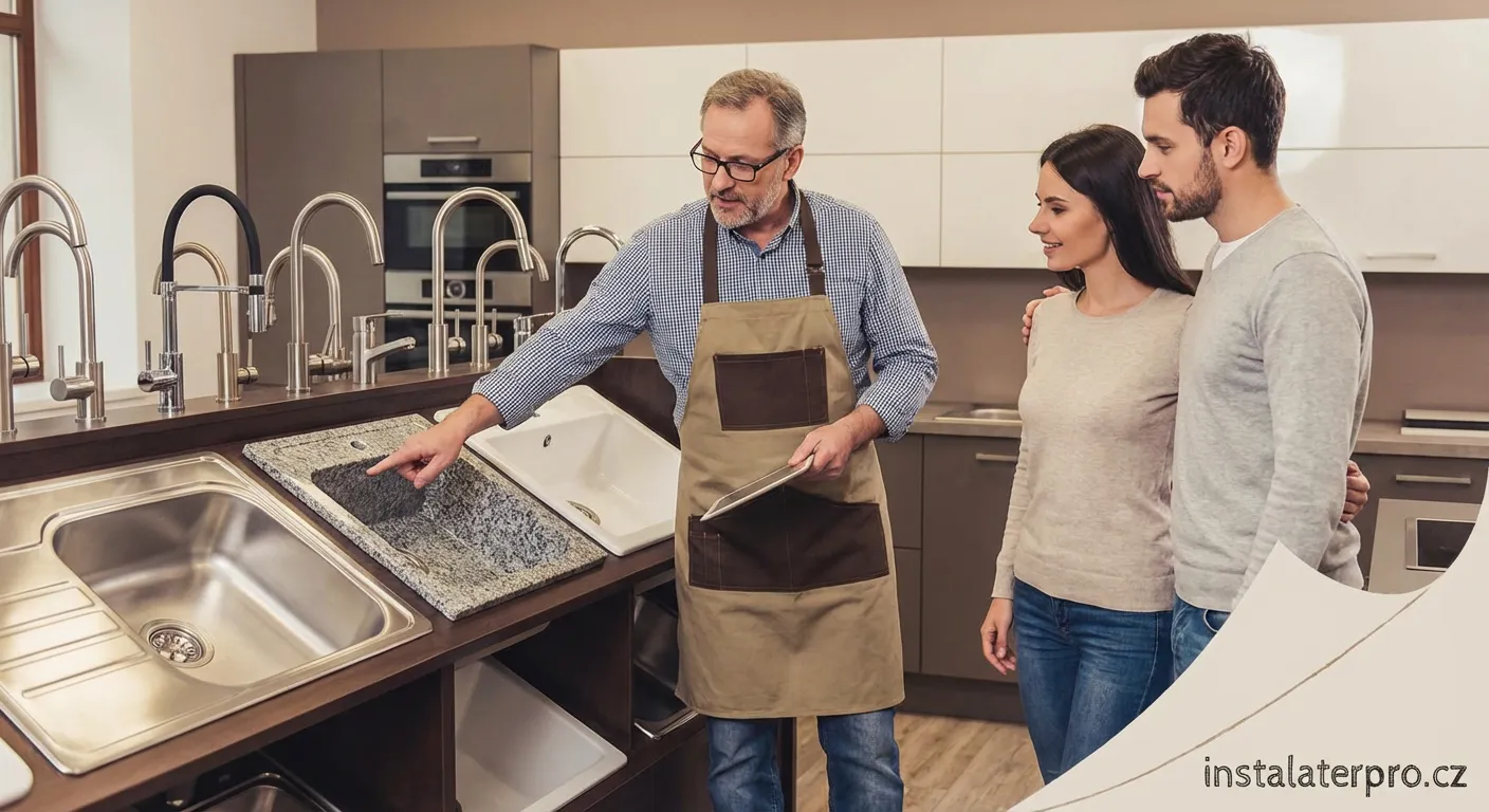 Moderní granitový kuchyňský dřez s černou baterií a zeleninou