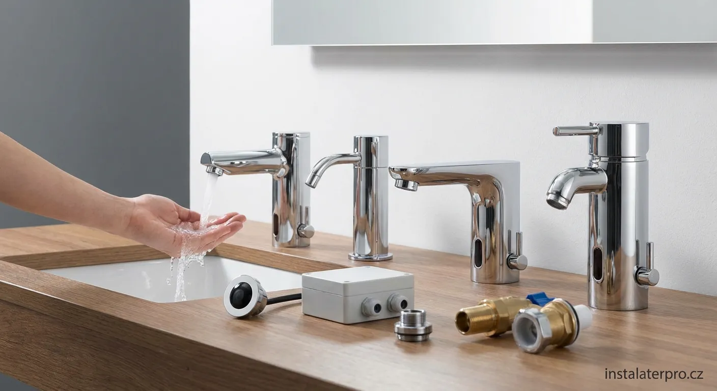 Detailní záběr na chromovanou senzorovou baterii s proudem vody v moderní koupelně