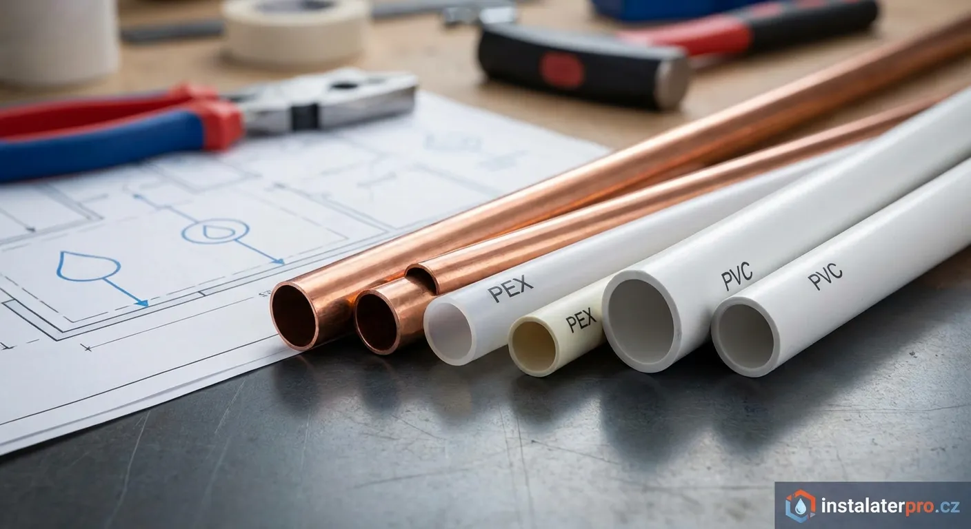 Detailní pohled na různé typy vodovodních trubek včetně plastových a měděných