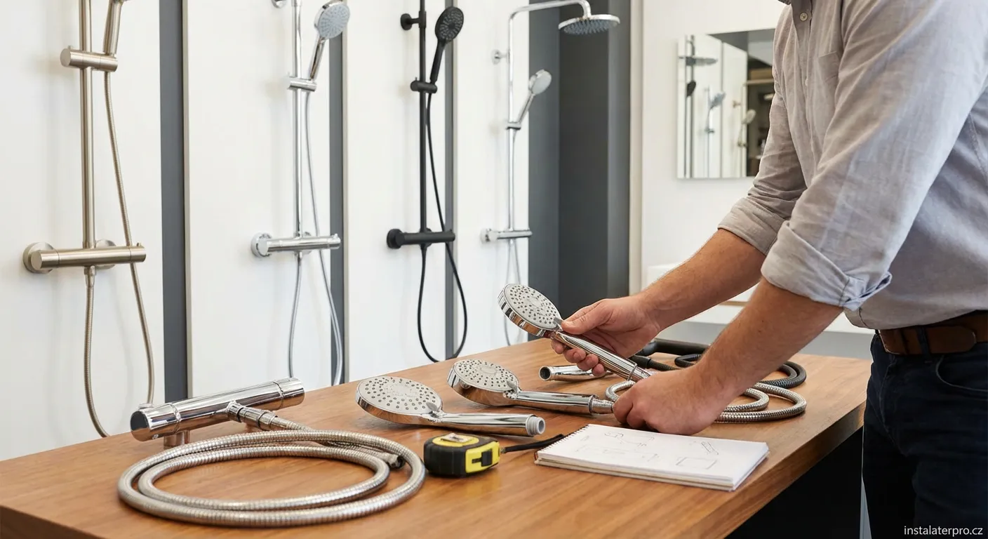 Elegantní chromovaný sprchový set s ruční sprchou na bílé stěně