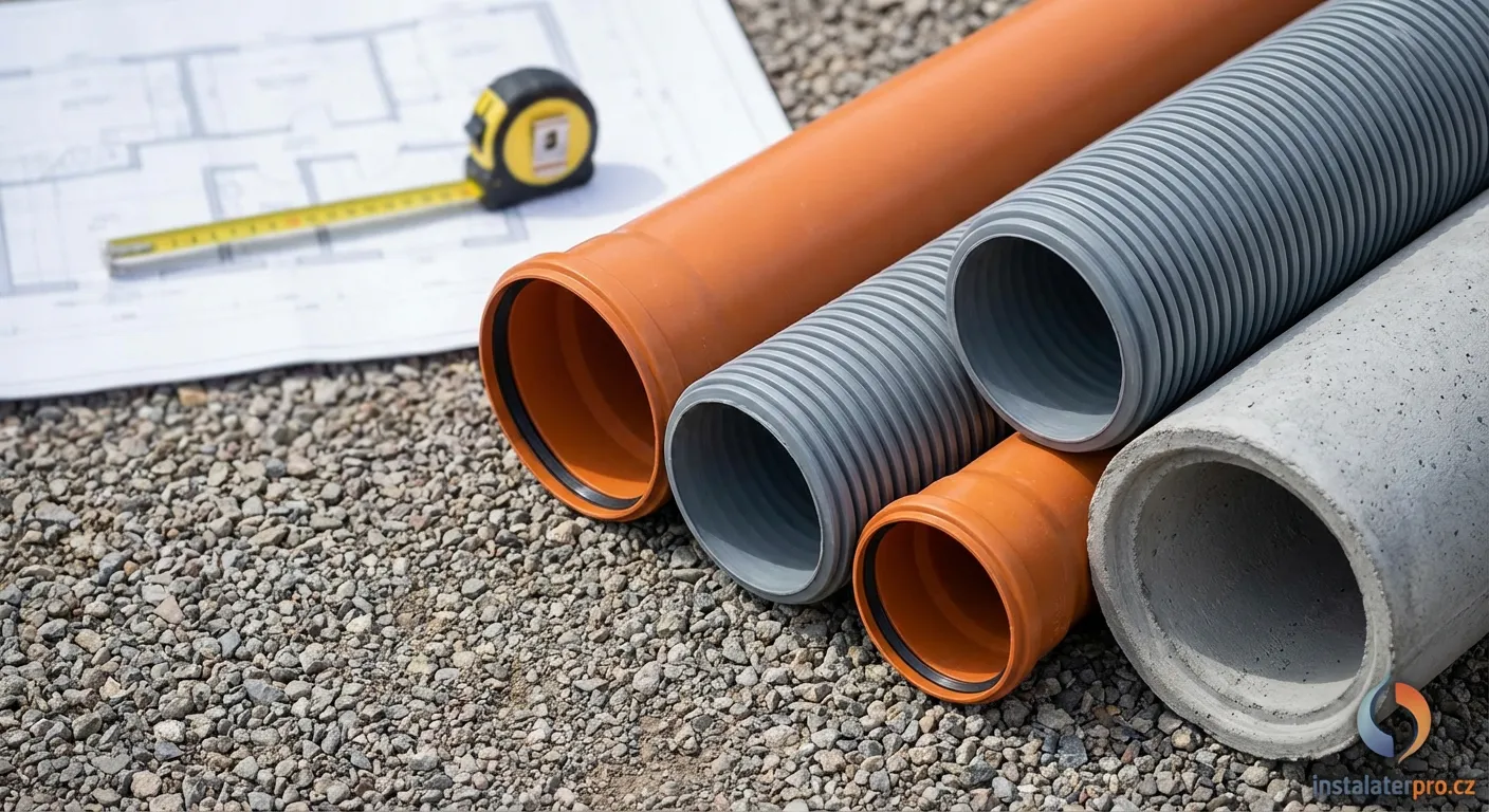 Různé typy kanalizačních trubek PVC a PP na stavbě