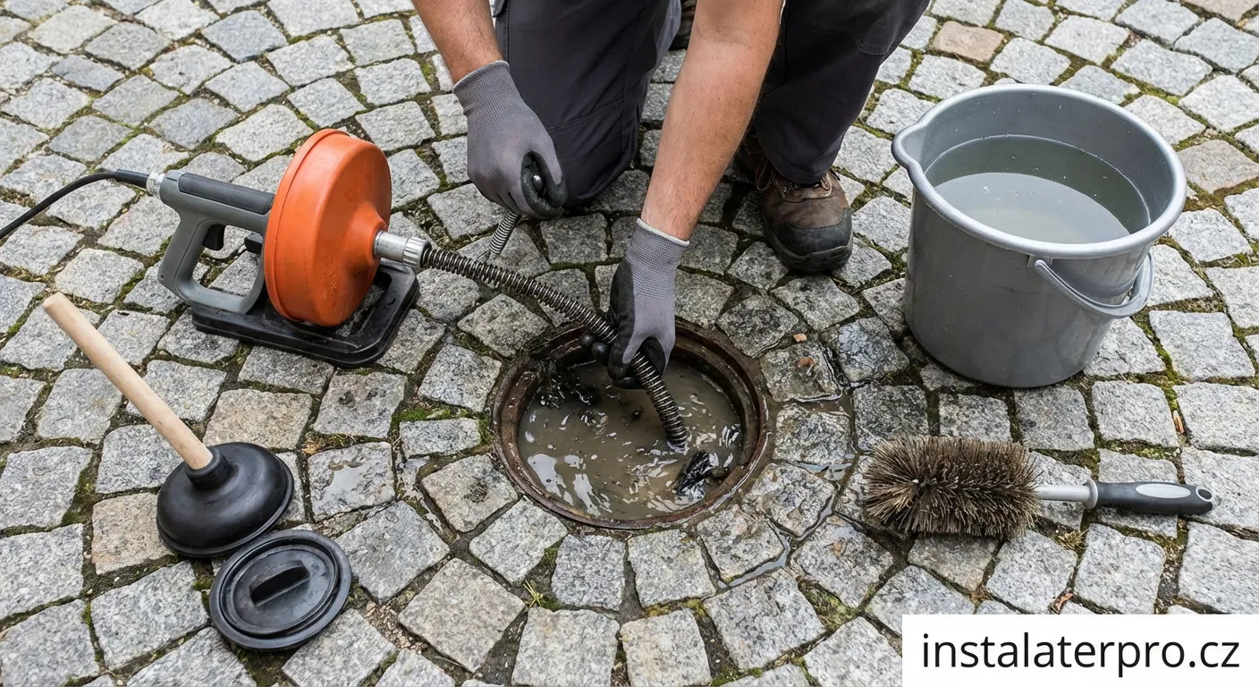 Čištění ucpaného gajgru u rodinného domu, otevřený lapač splavenin
