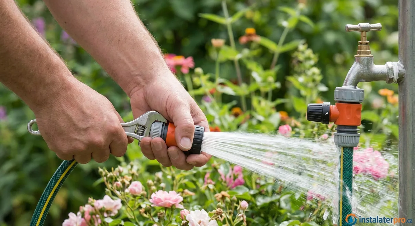 Muž kontroluje tlak vody v zahradní hadici