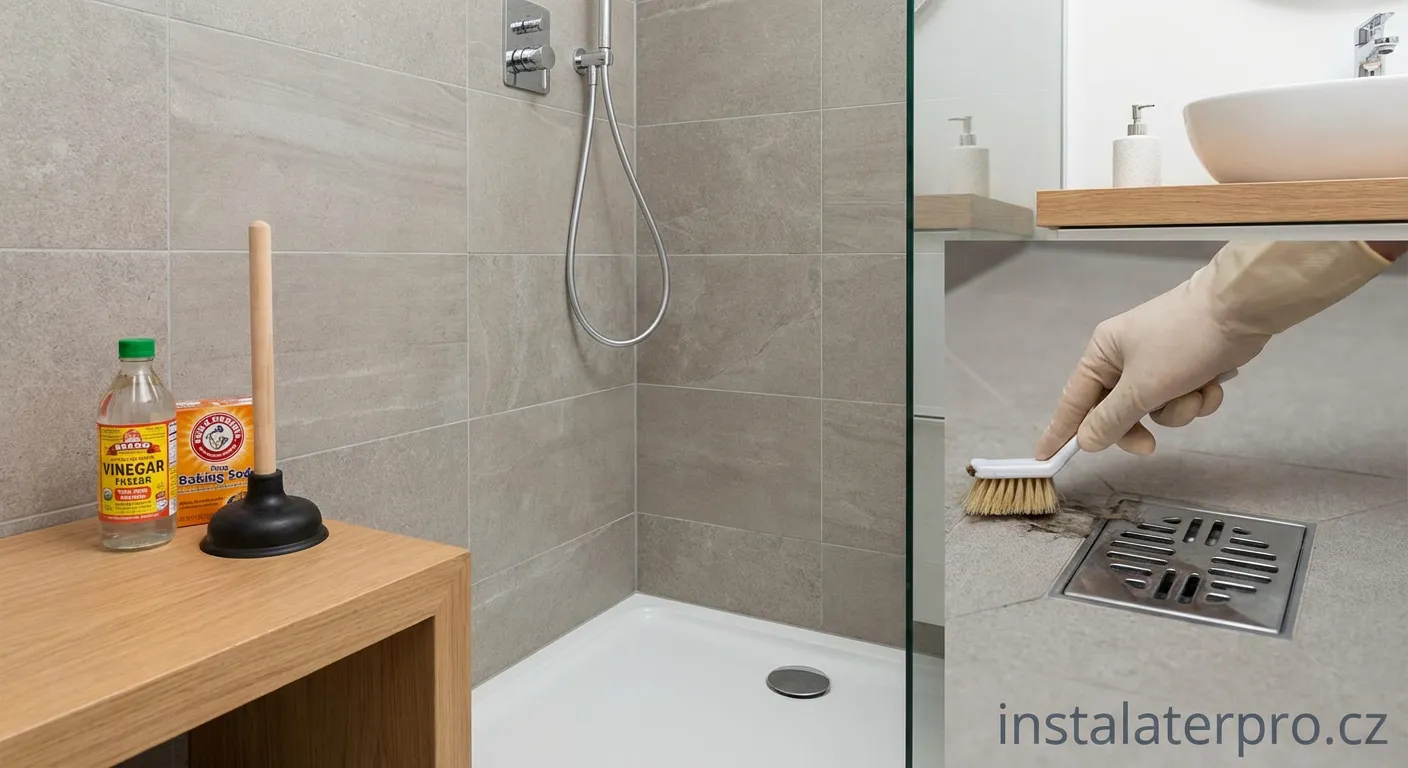 Čištění sprchového odtoku pomocí jedlé sody a octa pro odstranění nepříjemného zápachu