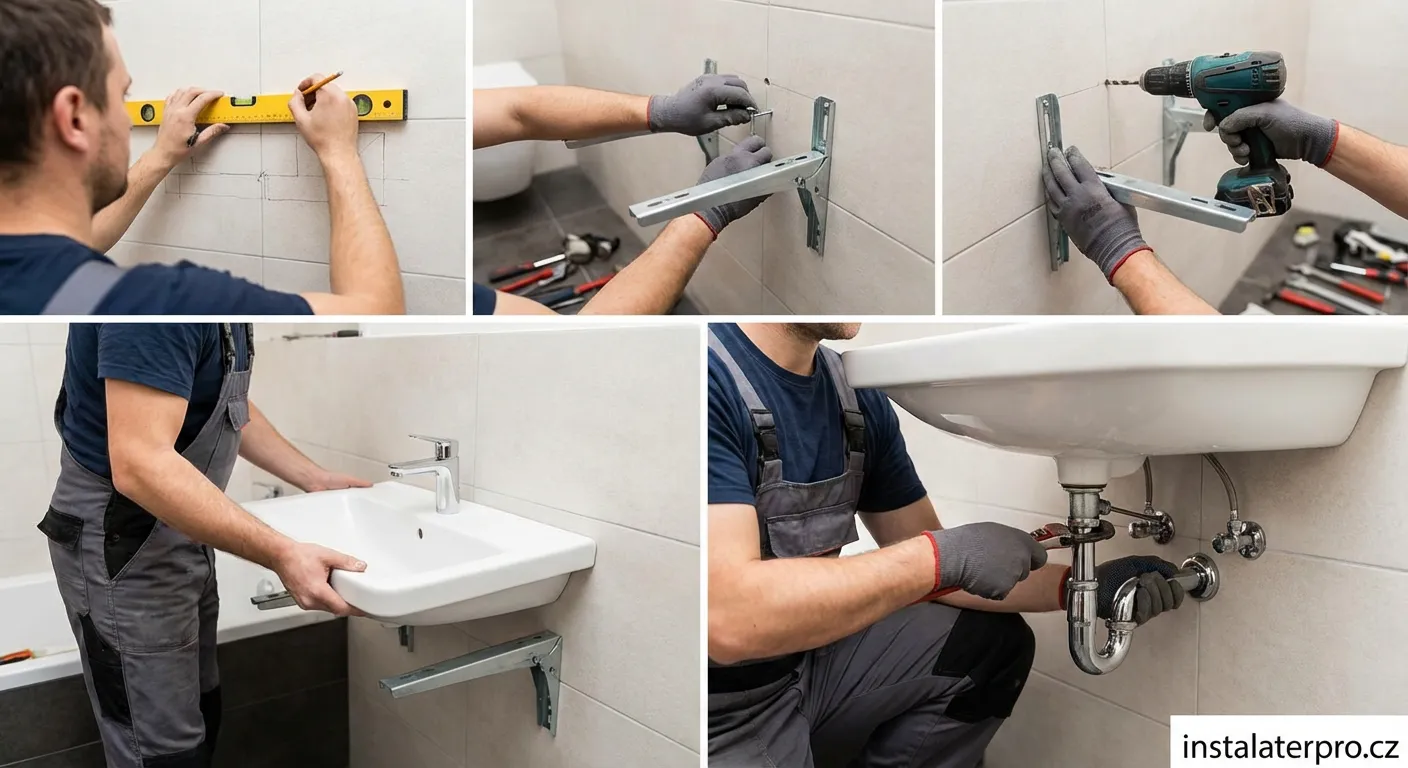 Detailní pohled na montáž umyvadla na kovové konzole v moderní koupelně