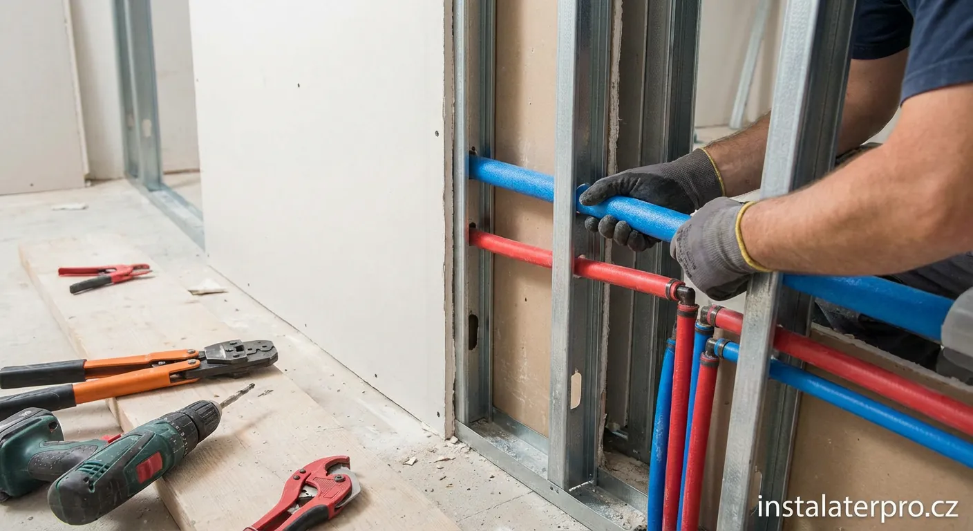 Instalace rozvodů vody v sádrokartonové stěně během rekonstrukce interiéru