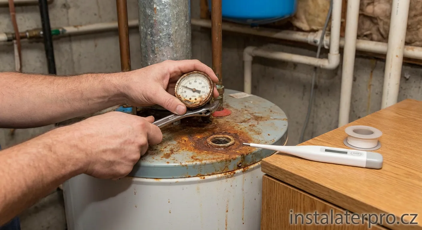 Detailní pohled na starý a nový teploměr bojleru během výměny